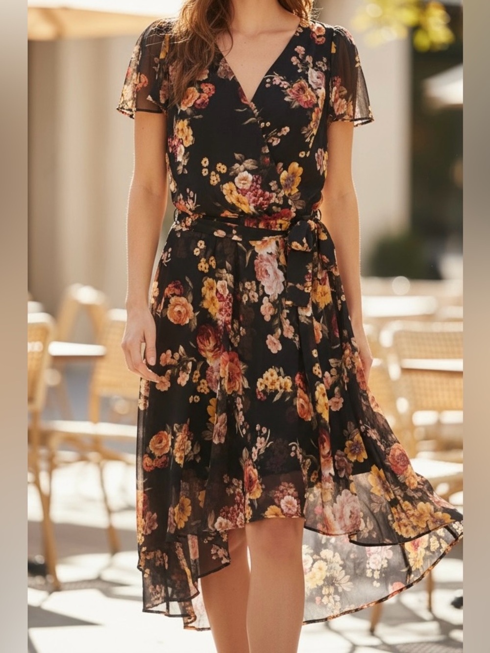 DKNY Black Floral High Low Chiffon Dress Size 16 Flutter Sleeve - Picture 1 of 8